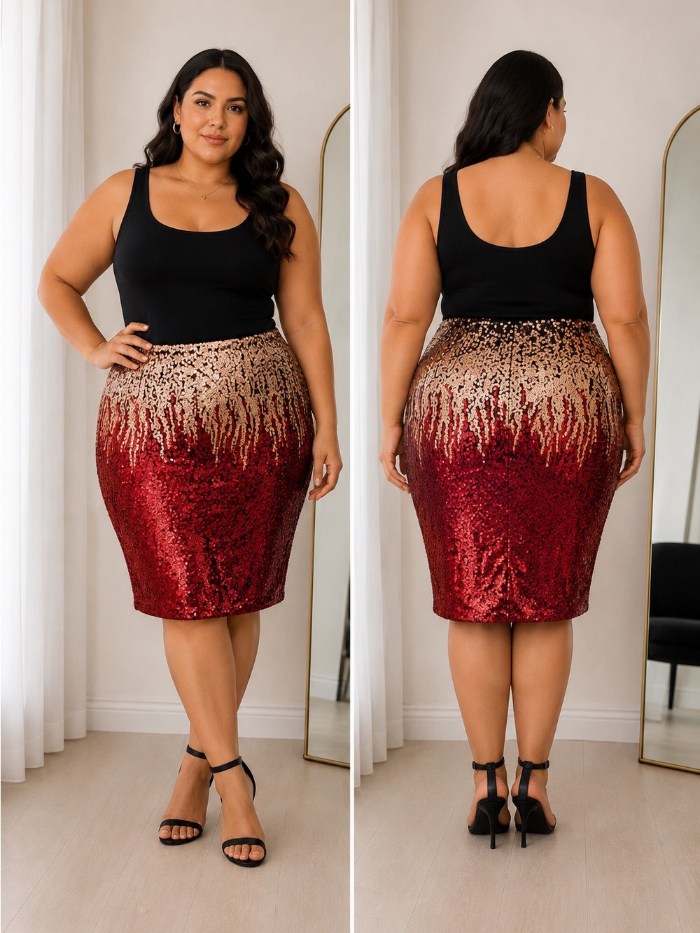PrettyGuide Plus Size 3X Red Rose Gold Ombre Sequin Pencil Skirt Holiday Party